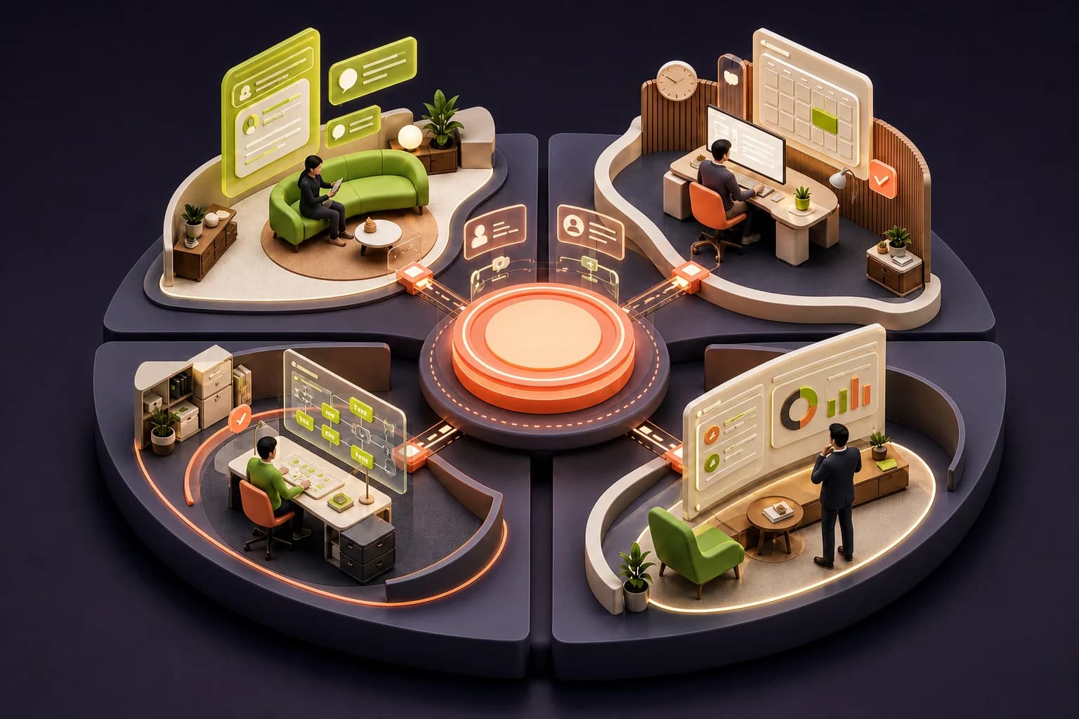 Isometric business ecosystem with four connected operational zones around a central AgentGenerator hub